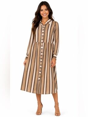 NWT Tea n Cup Tan and Black Striped Button-Front Midi Dress Large